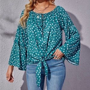 Women’s Polka Dot Tie Front Lantern Sleeve Top ~ NWT